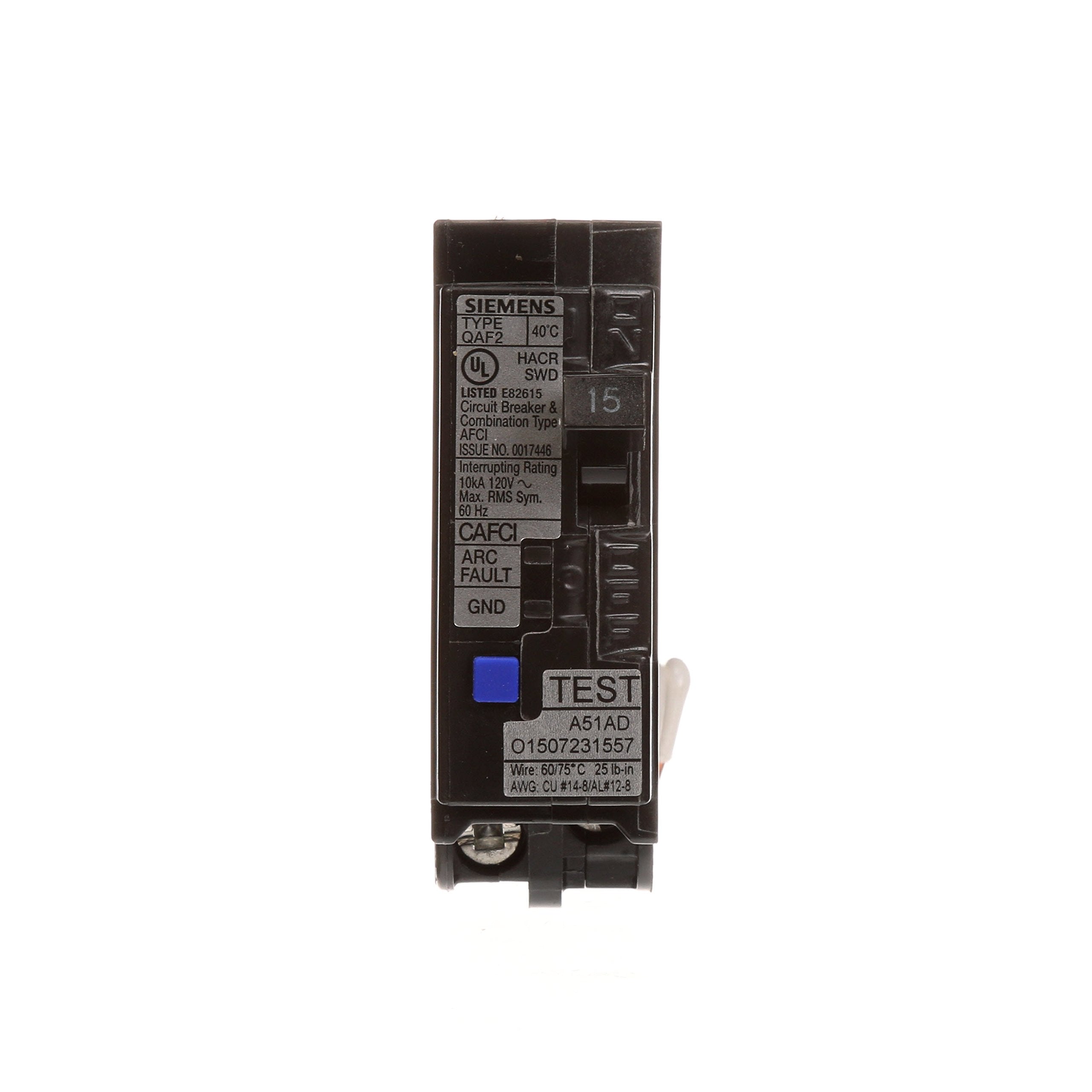 Siemens Qa115Afc 15 Amp Single Pole 120 Volt Plug On Combination Afci Breaker, Black